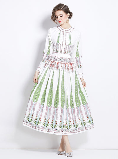 Round Neck Long Sleeve Pleated Printed Dress