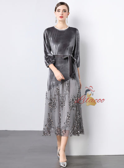 Lace Sequins Stitching Velvet Dress