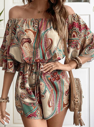 Off-the-shoulder National Wind Printed Jumpsuit