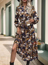 Retro Printed Long Sleeve V-neck Dress