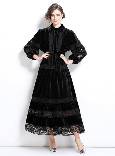 Retro Lace Velvet Long Sleeve Dress