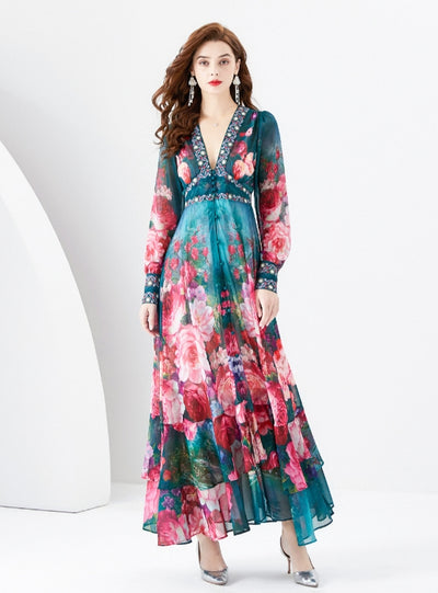 Retro Deep V-neck Lantern Sleeve Printed Dress