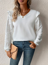 Pullover V-neck Lace Stitching Long Sleeves Top