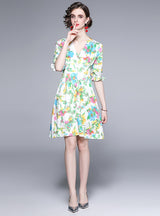 Printed V-neck Short Sleeve Slim Dress