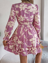 Flower Lace-up Long-sleeved Dress