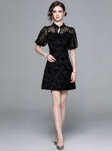 Retro Mesh Stitching Bubble Sleeve Black Dress