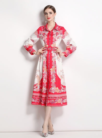 Lapel Slim Print Shirt Collar Long Sleeve Dress