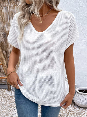 Casual V-neck Short Sleeve Hollow T-shirt