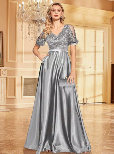 Gray Short Sleeve Lace Prom Dress