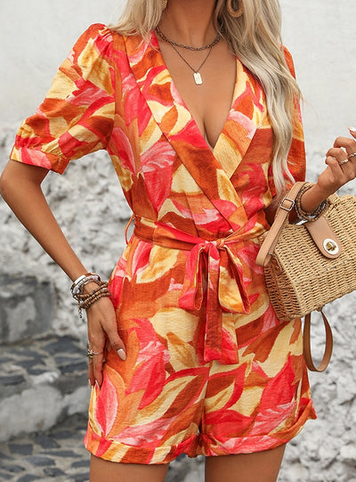 Printed Short Sleeve V-neck Jumpsuit