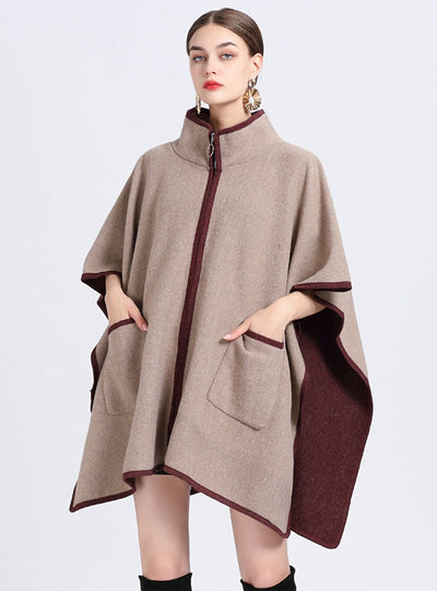 Stand-up Collar Pocket Zipper Shawl Cloak