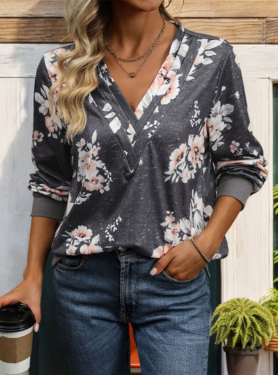 Pullover Long Sleeve V-neck Print Shirt