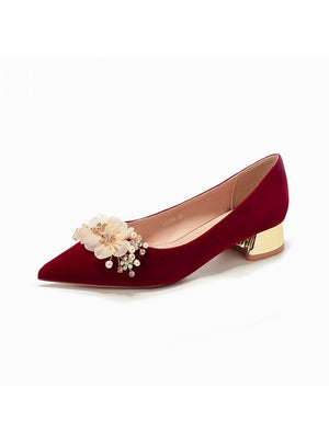 Short Heel Suede Pointed Red Wedding Shoes