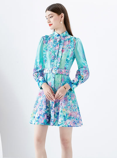 Long Sleeve Short Ruffled Printed Dress