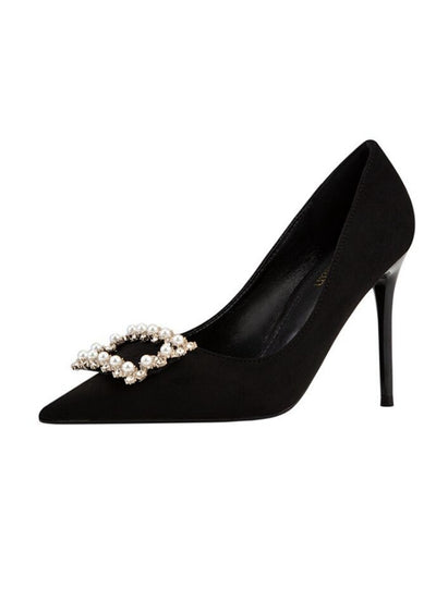 Pointed Pearl Rhinestone Square Buckle Shoes