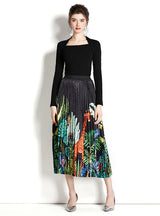 Retro Square Neck Long Sleeve Top+Printed Pleated Skirt Suit