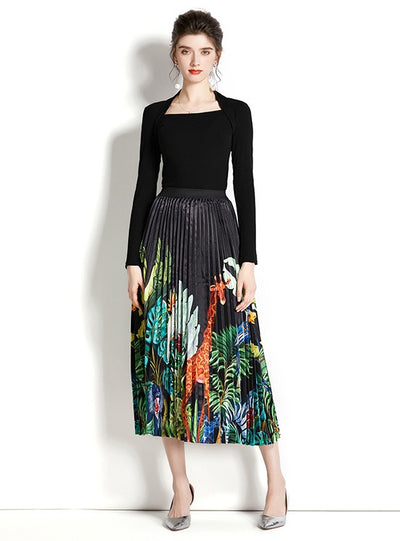 Retro Square Neck Long Sleeve Top+Printed Pleated Skirt Suit