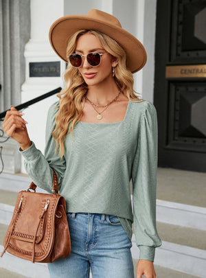 Square Neck Jacquard Long Sleeve Loose T-shirt