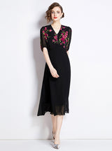 Retro Slim V-neck Print Short Sleeve Dress