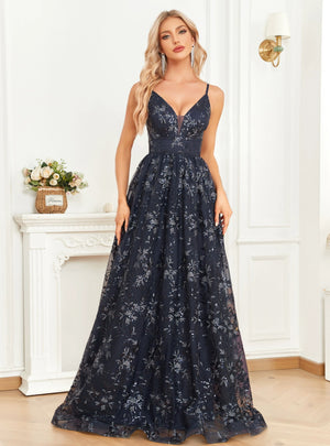 Navy Blue Sequins V-neck Prom Dress