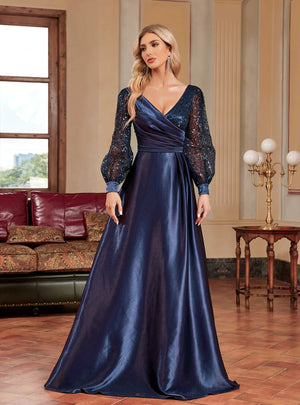 Navy Blue Satin Long Sleeve Sequins Prom Dress