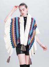 Colored Striped Scarf Fur Ball Shawl Cloak