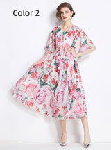 Retro Printed V-neck Five-point Sleeve Loose Dress