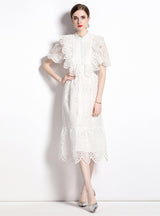 Folding Lantern Short Sleeve Ruffled Lace Dress