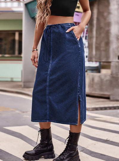 Semi Elastic Waist Drawstring Medium Long Skirt