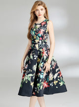 Retro Waist Slim Sleeveless Printed Dress