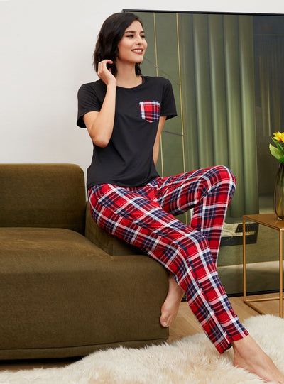 Short-sleeved Plaid Pajamas Set