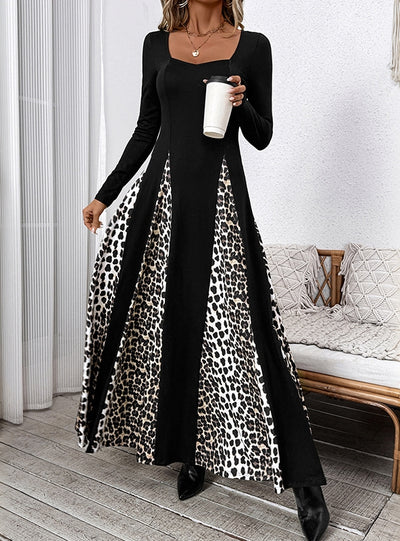 Leopard Print Stitching Retro High Waist Long Sleeve Dress