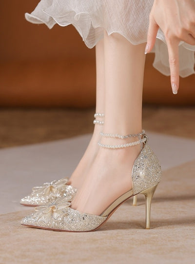 Pearl Chain Rhinestone Bow High Heels Wedding Shoes