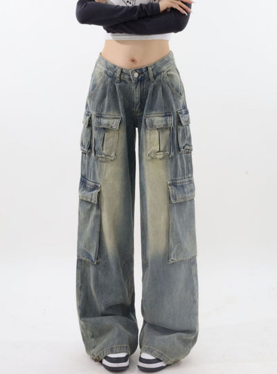 Loose Low Waist Wide Leg Pockets Jeans