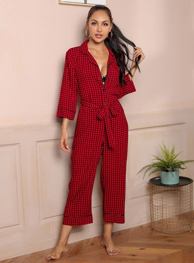 Long-sleeved V-neck Plaid Jumpsuit