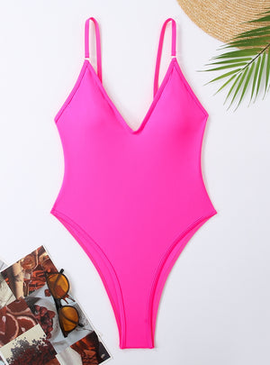 V-neck Backless Solid Color One-piece Swimsuit