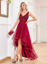 Burgundy Sequins V-neck Hi Lo Party Dress