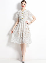 White Retro Lapel Lace Openwork Dress