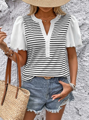 Small Stand Collar Casual Striped T-shirt