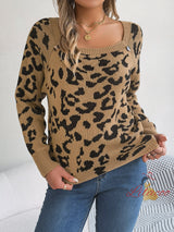 Square Collar Button Leopard Long Sleeve Sweater