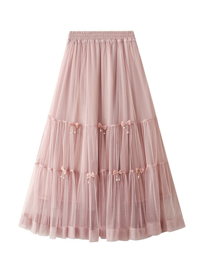 Bow Mesh Cake Elastic Waist Skirt