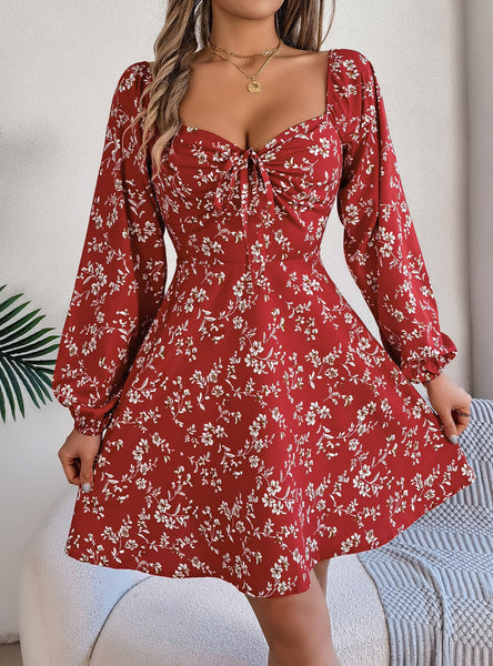 Sexy Square Collar Floral Long Sleeve Dress