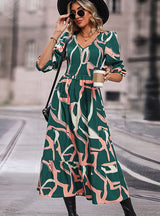 Printed Long-sleeved Pleats Dress