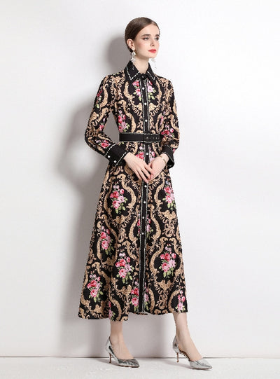 Long-sleeved Palace Style Printed Retro Print Dress