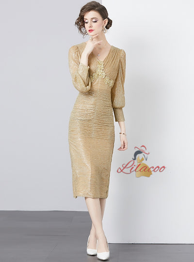 V-neck Bright Silk Long Sleeve Dress