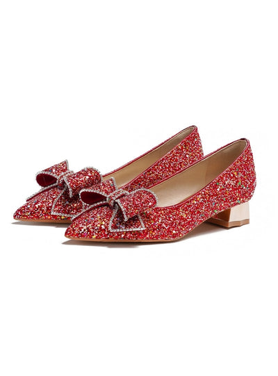 Red Sequins Bow Pointed Wedding Shoes