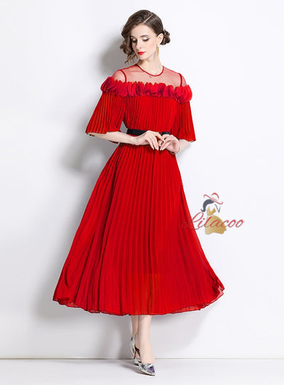 Mesh Stitching Three-dimensional Petal Pleated Dress