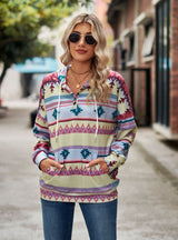 Geometric Pattern Long Sleeve Hooded Button Top