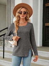 Square Neck Button Split Loose Long Sleeve T-shirt