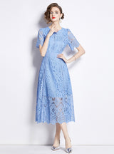 Retro Round Neck Lotus Leaf Sleeve Lace Dress